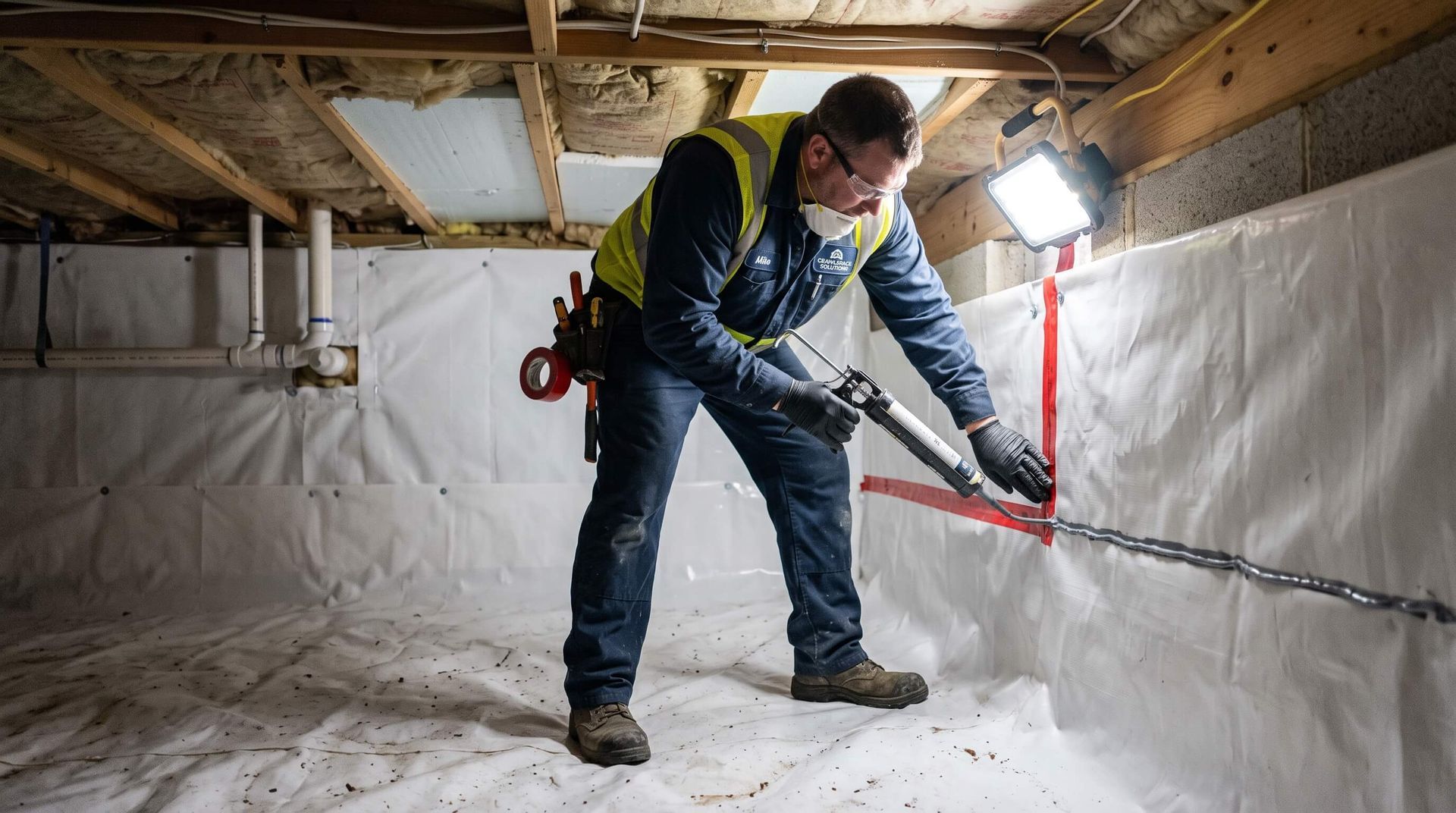 Man sealing a crawl space wall covered in a vapor barrier