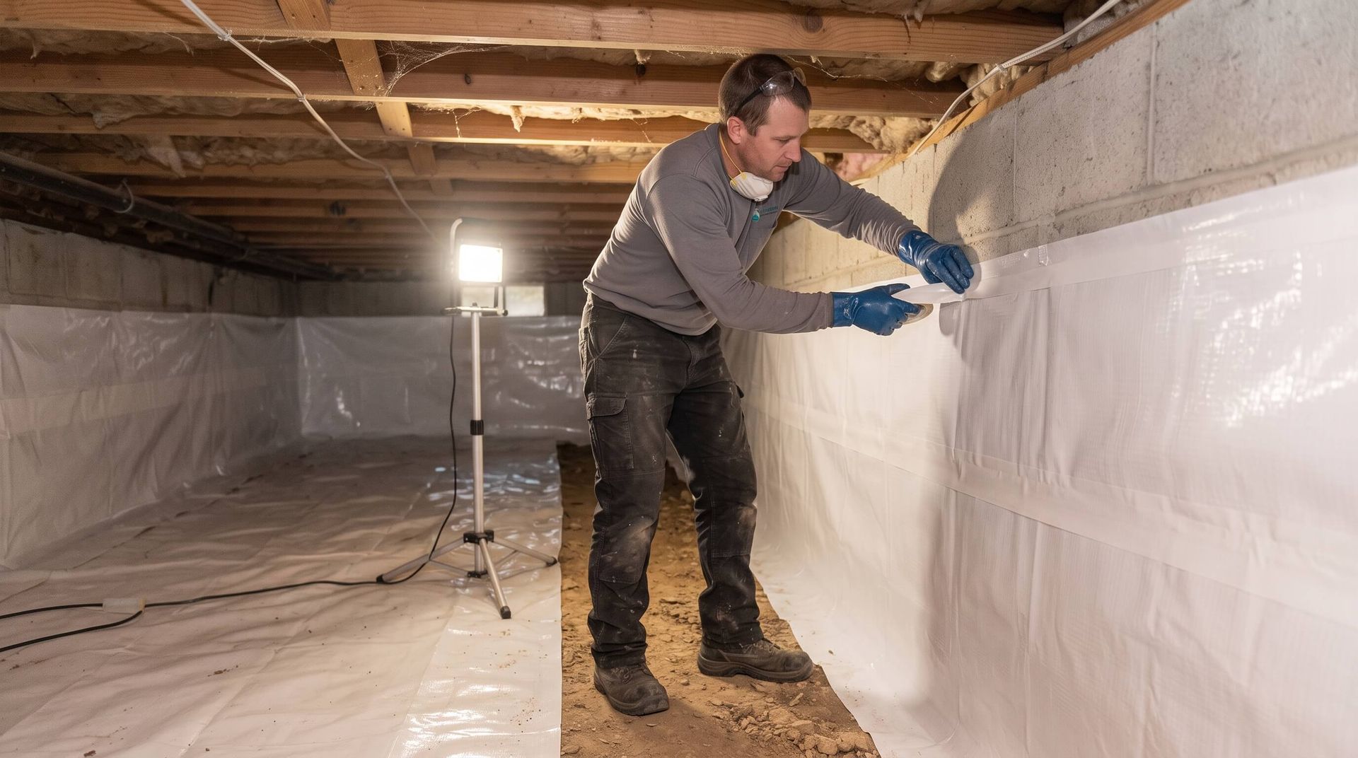 Man putting the finishing touches on a crawl space sealing job