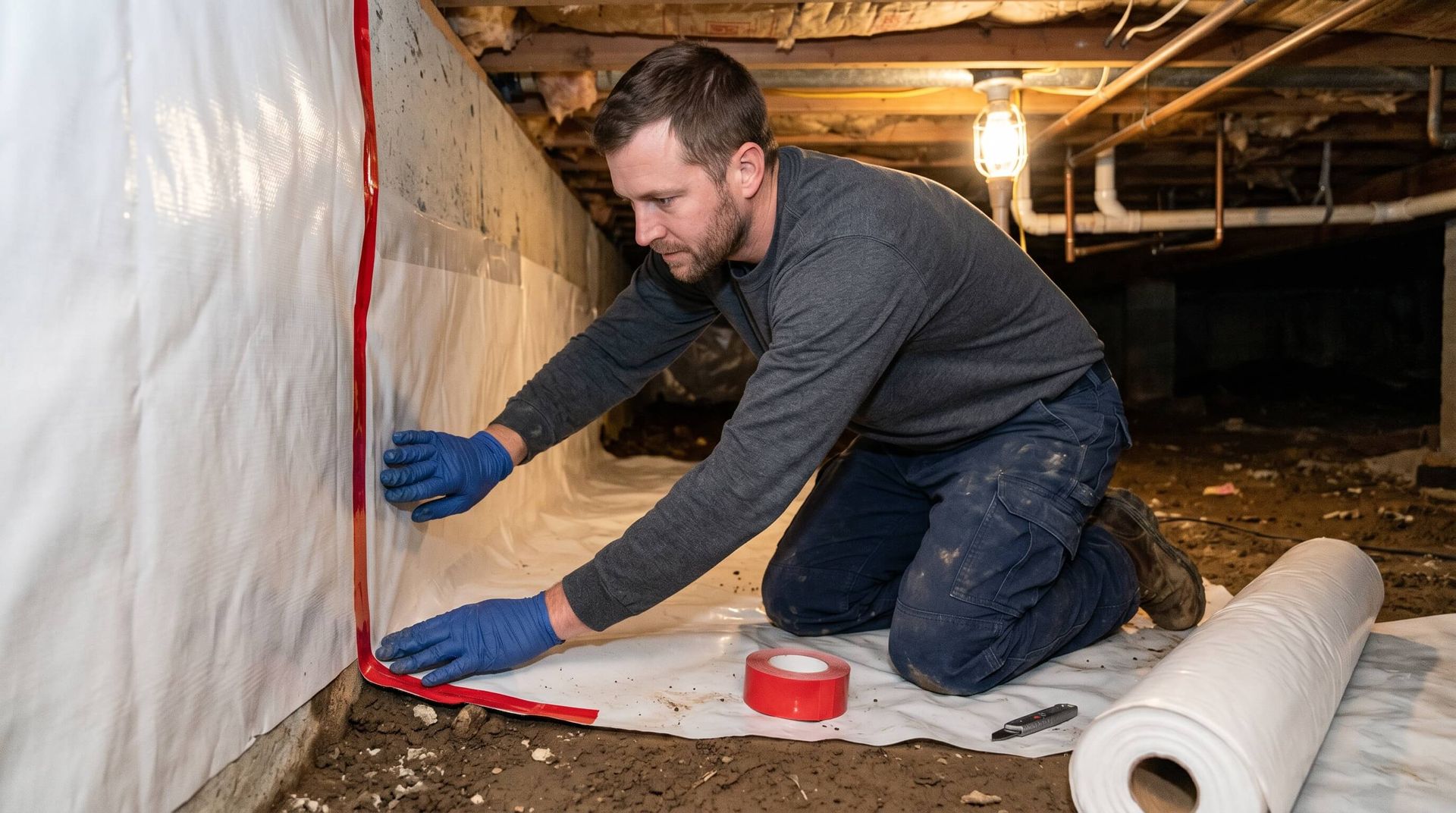 Man encapsulating wall and ground with plastic sheet in crawl space