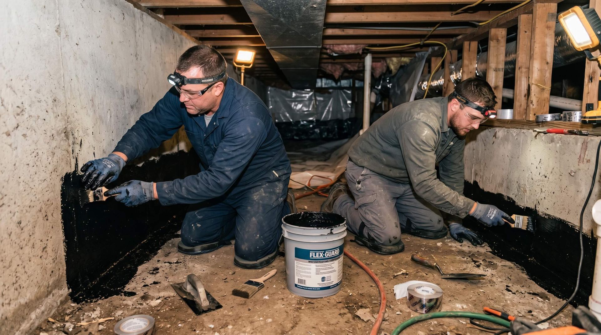 2 men waterproofing the crawl space walls with specialized paint