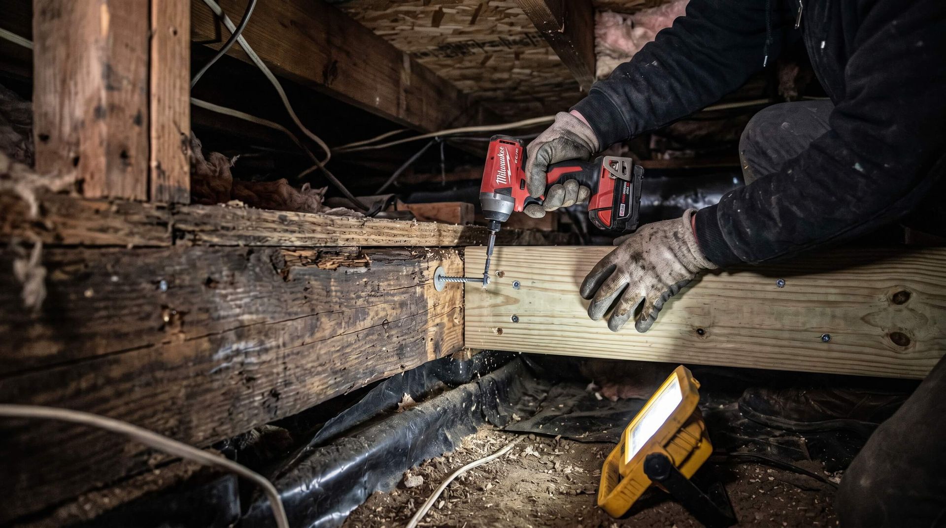 Man making repairs to the framing within a crawl space