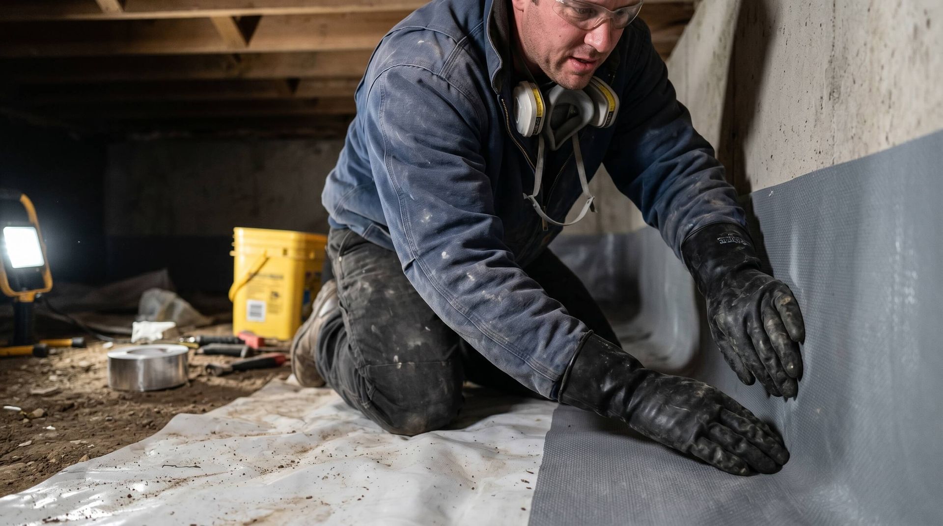 Man applying waterproofing material with protected hands in crawl space