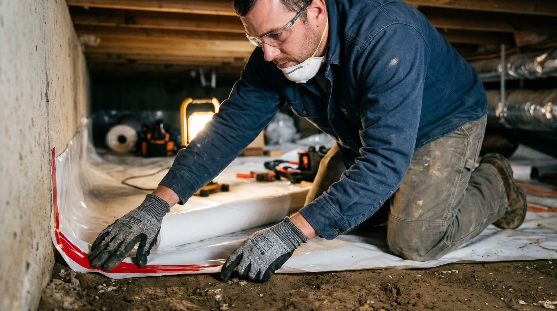 Male carefully installing vapor barrier sheet onto the ground of a crawl space
