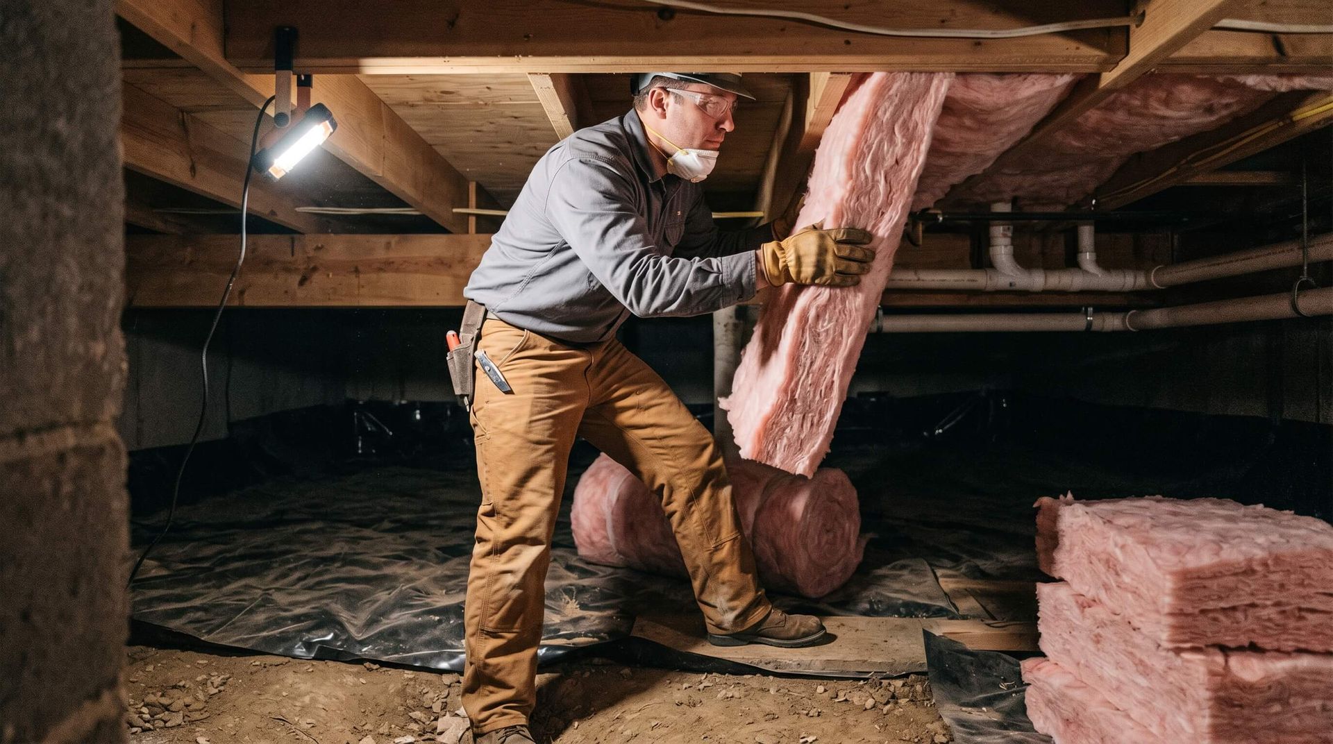 Man installing insulation in a just repaired crawl sace