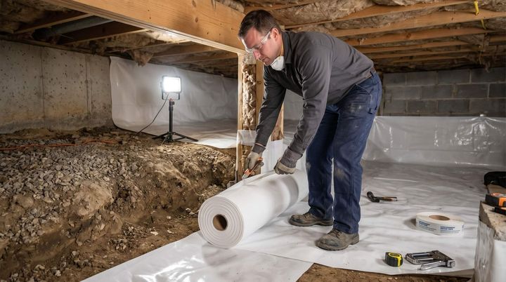 Man laying down a plastic sheet for crawl space encapsulation