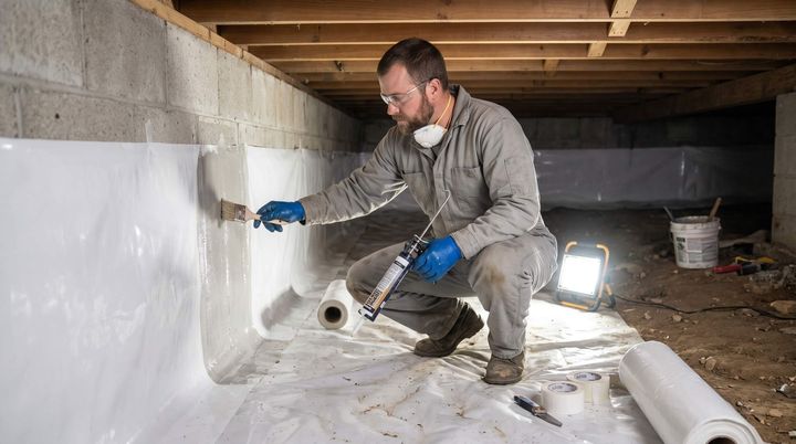 Man waterproofing crawl space