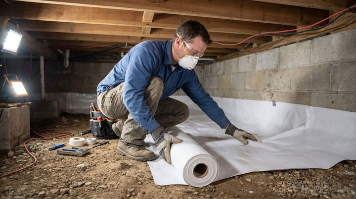 Man installing vapor barrier in crawl space