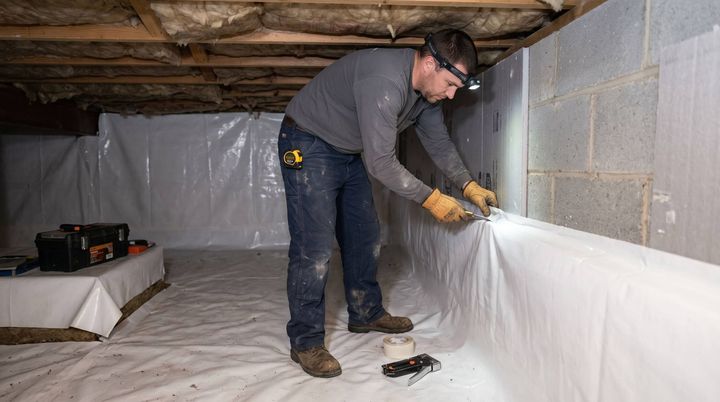 Man repairing crawl space & preparing for insulation
