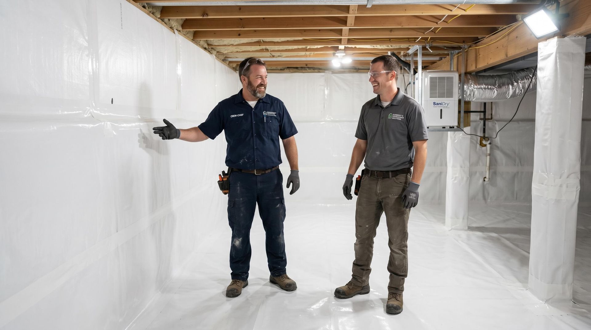 2 men admiring the crawl space waterproofing job they completed