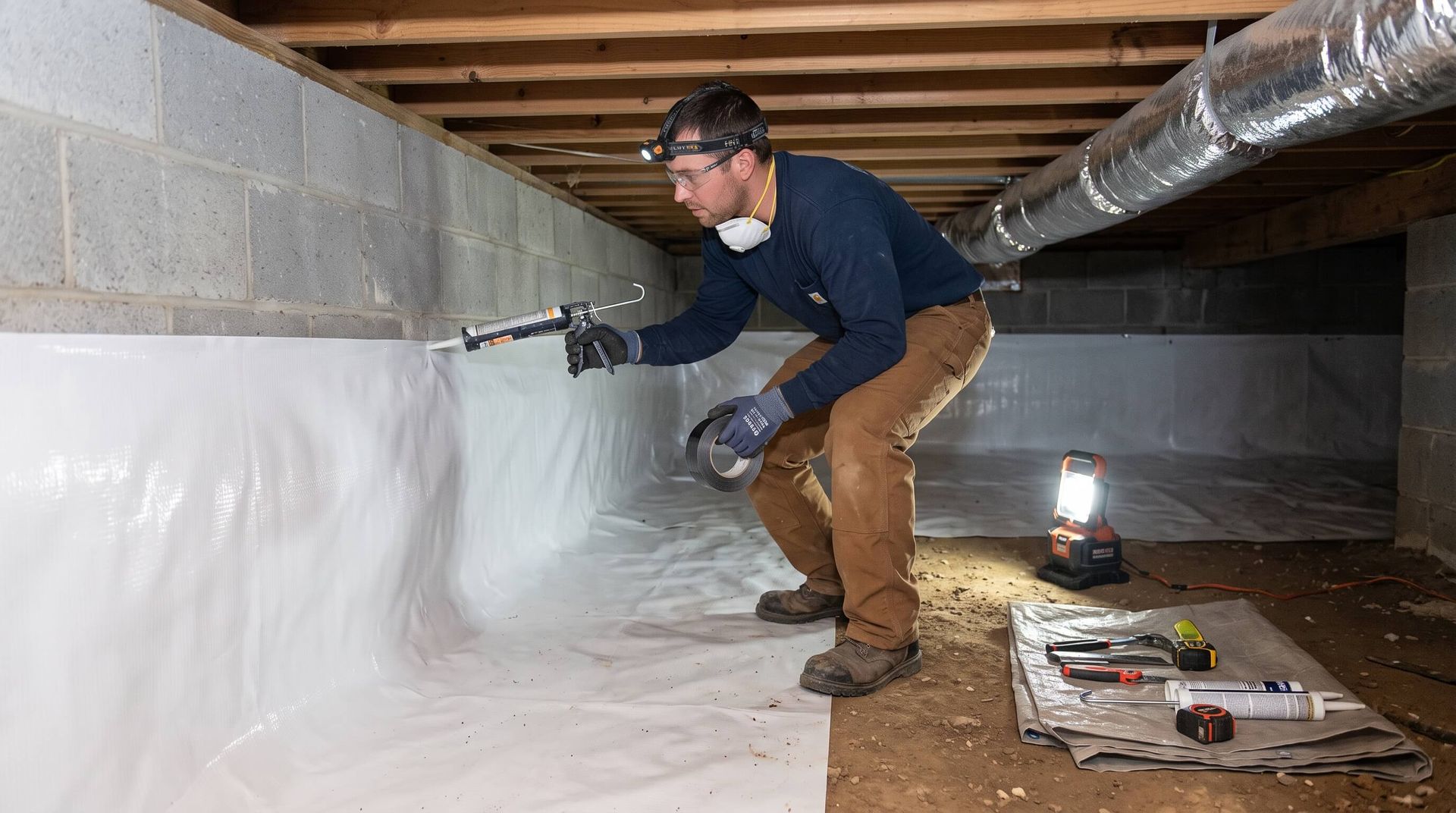 Worker applying crawl space moisture application against crawl space wall
