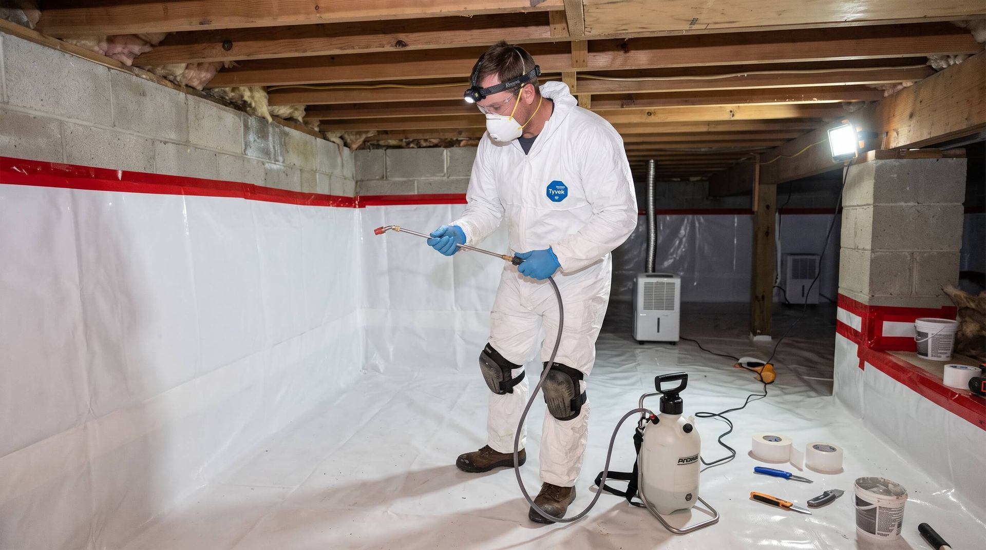 Man applying crawl space moisture control application onto crawl space wall with sprayer