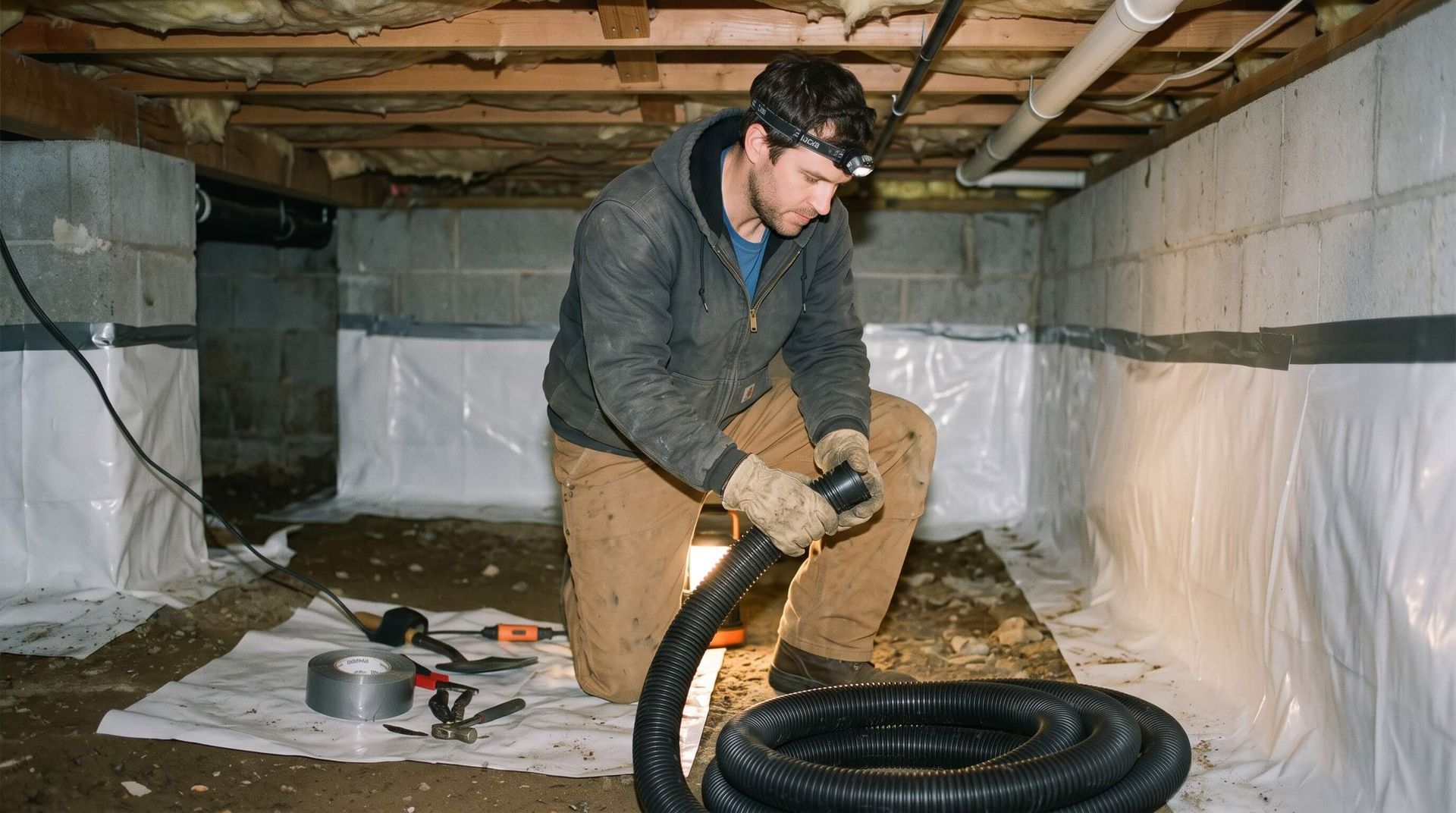 Man working crawl space drainage system pipe
