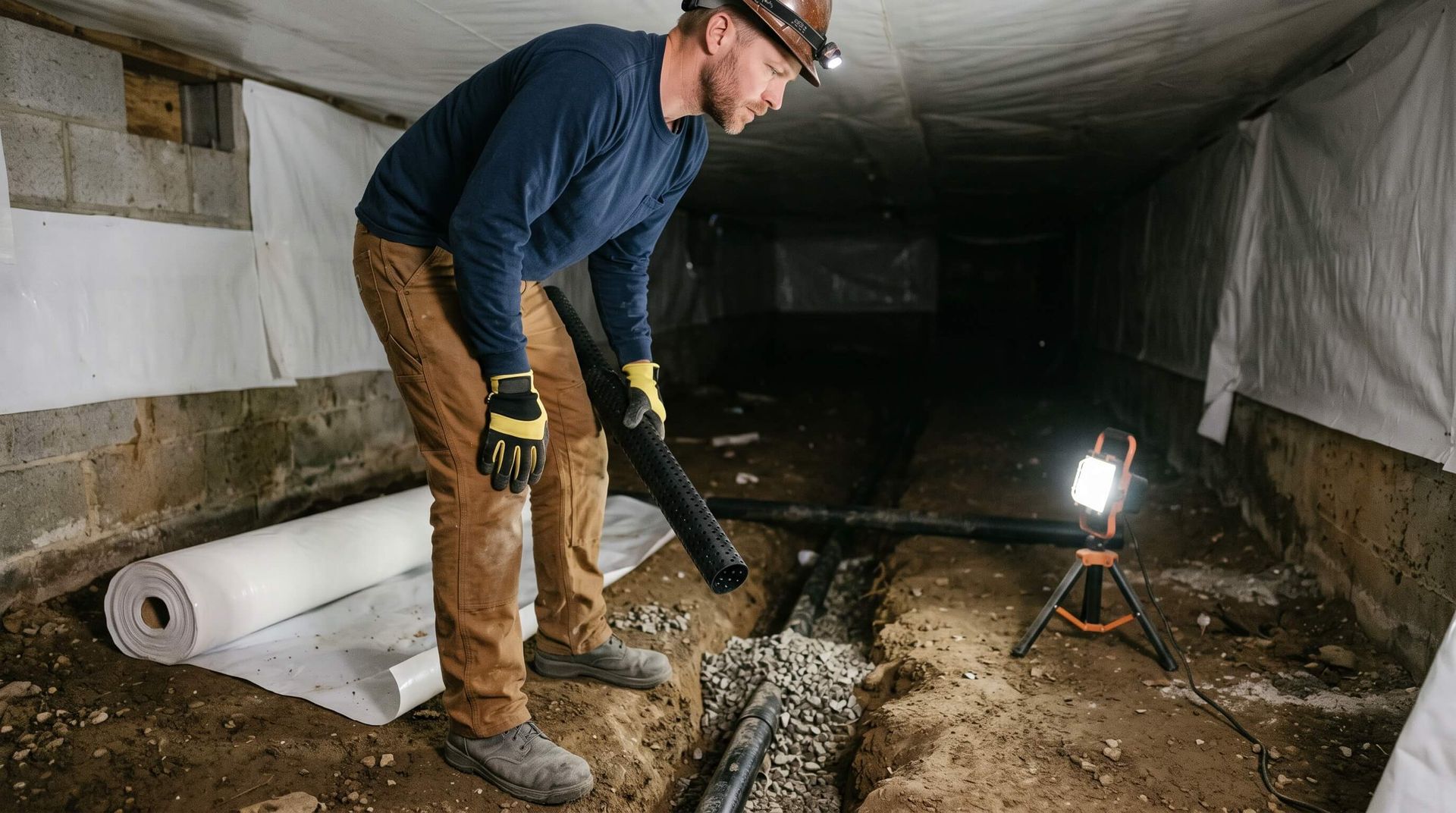 Man installing crawl space drainage system