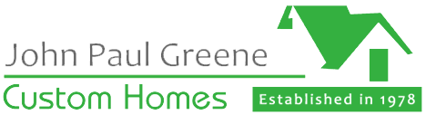 Logo for John Paul Greene Custom Homes, featuring green house icon and text "Established in 1978."