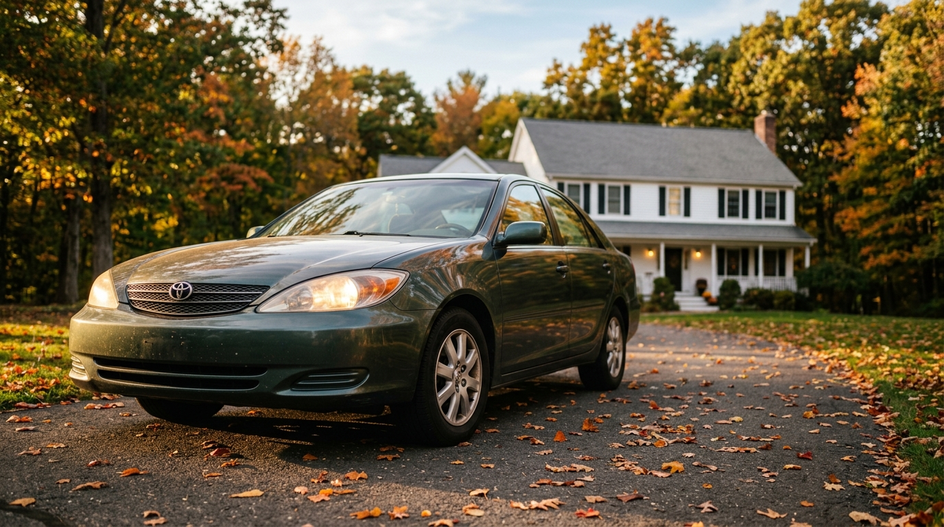 Sedan parked in a Connecticut residential driveway with autumn leaves at golden hour