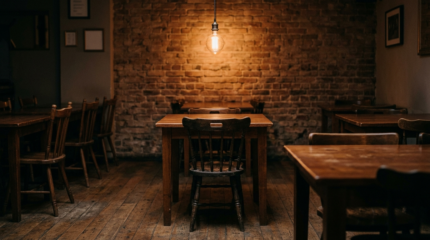 Empty small restaurant interior at end of service with warm Edison bulb light over wooden tables