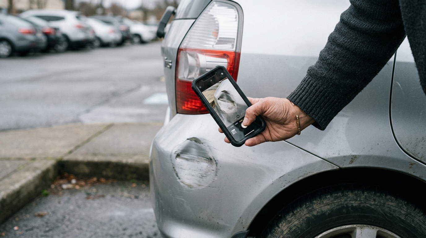 Smartphone photographing bumper damage on a car in an overcast parking lot