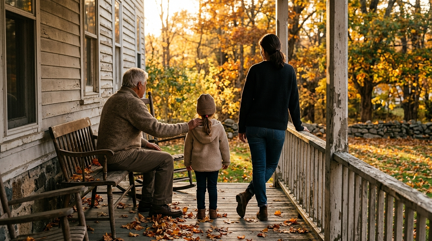 Three generations of a family on a New England porch in autumn late afternoon light