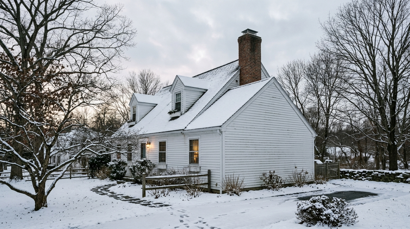 New England cape home with snow-dusted roof and bare trees on overcast winter afternoon