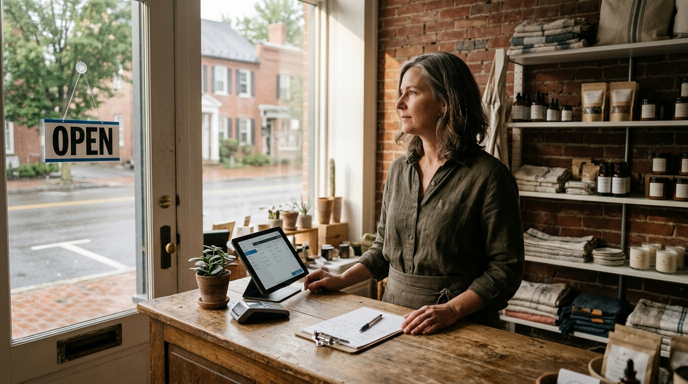 Small business owner at the counter of a Connecticut storefront in early morning light
