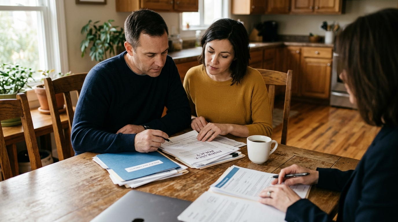 Couple reviewing insurance paperwork with an agent at a kitchen table in morning light