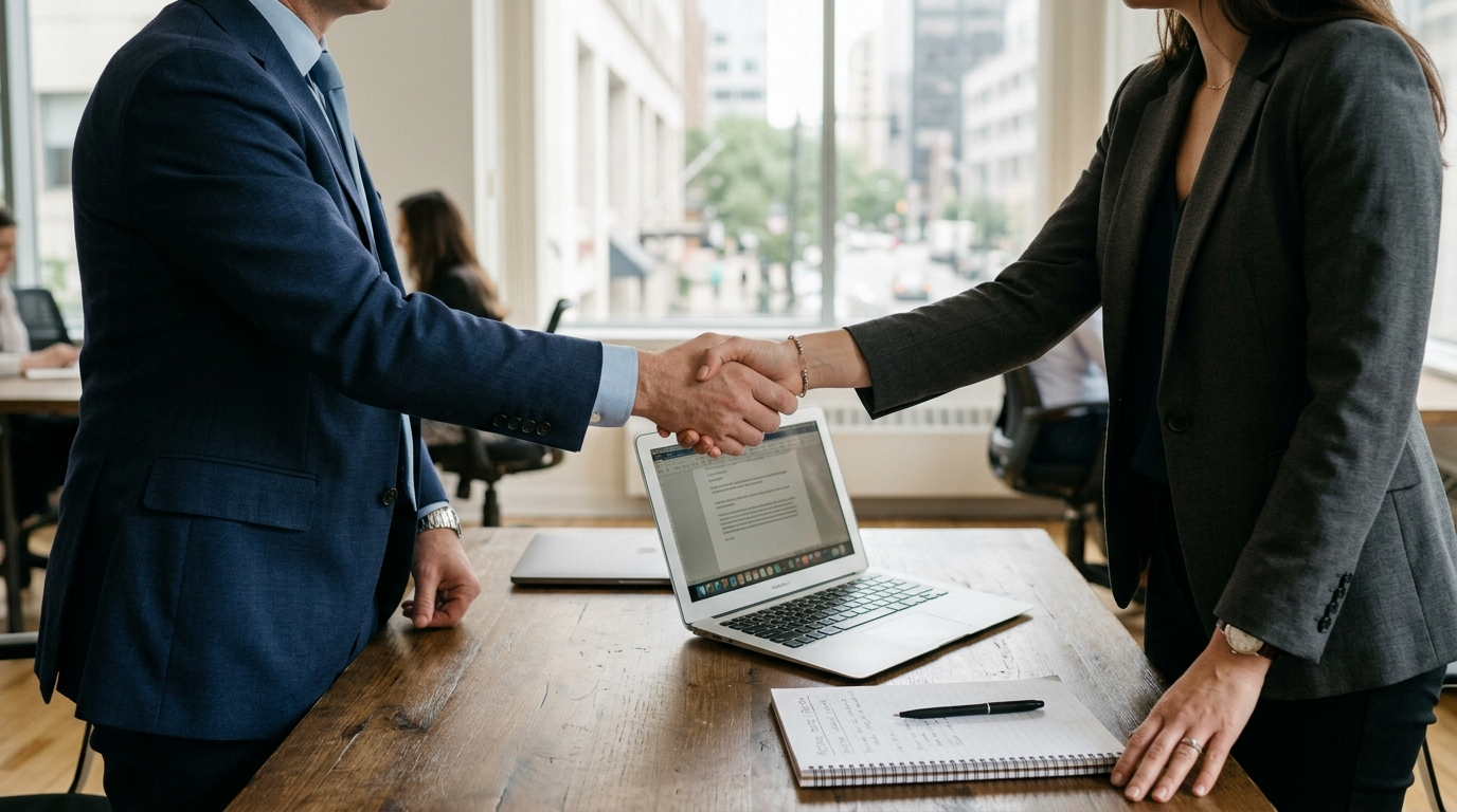 Business handshake across an office desk with laptop and notepad in late morning light