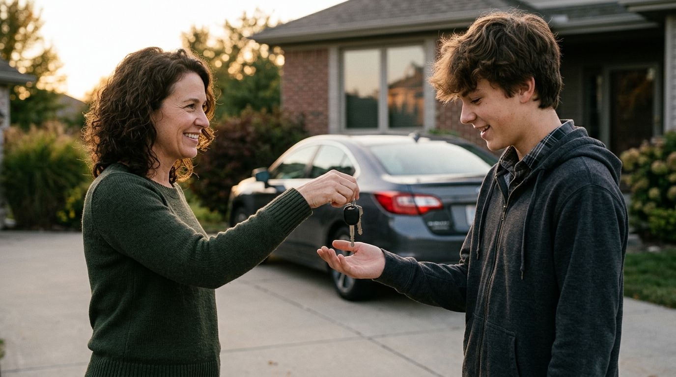 Parent handing car keys to a teenager in a residential driveway in early evening light