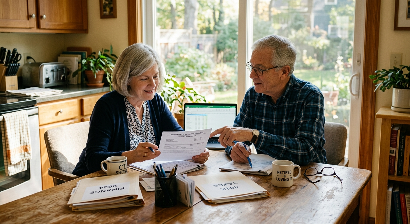 Older couple reviewing retirement paperwork at a kitchen table in a Connecticut home on a winter afternoon