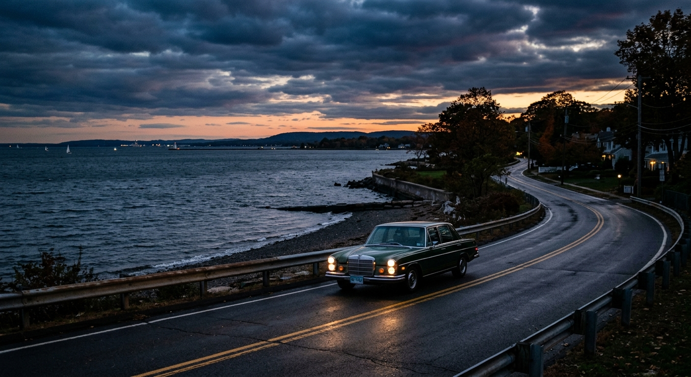 West Haven Connecticut shoreline with cars parked along a coastal road on a partly cloudy day