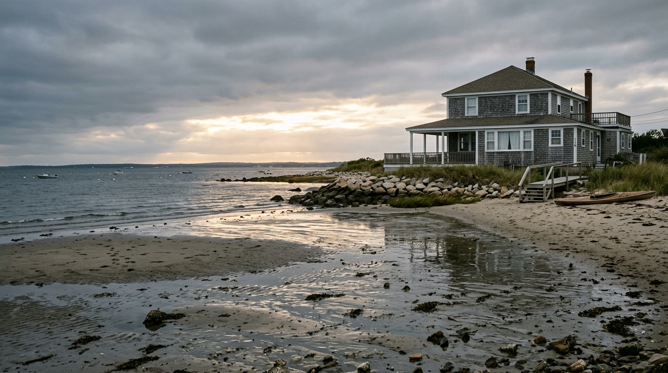 Connecticut shoreline home with weathered cedar siding viewed from the beach at low tide