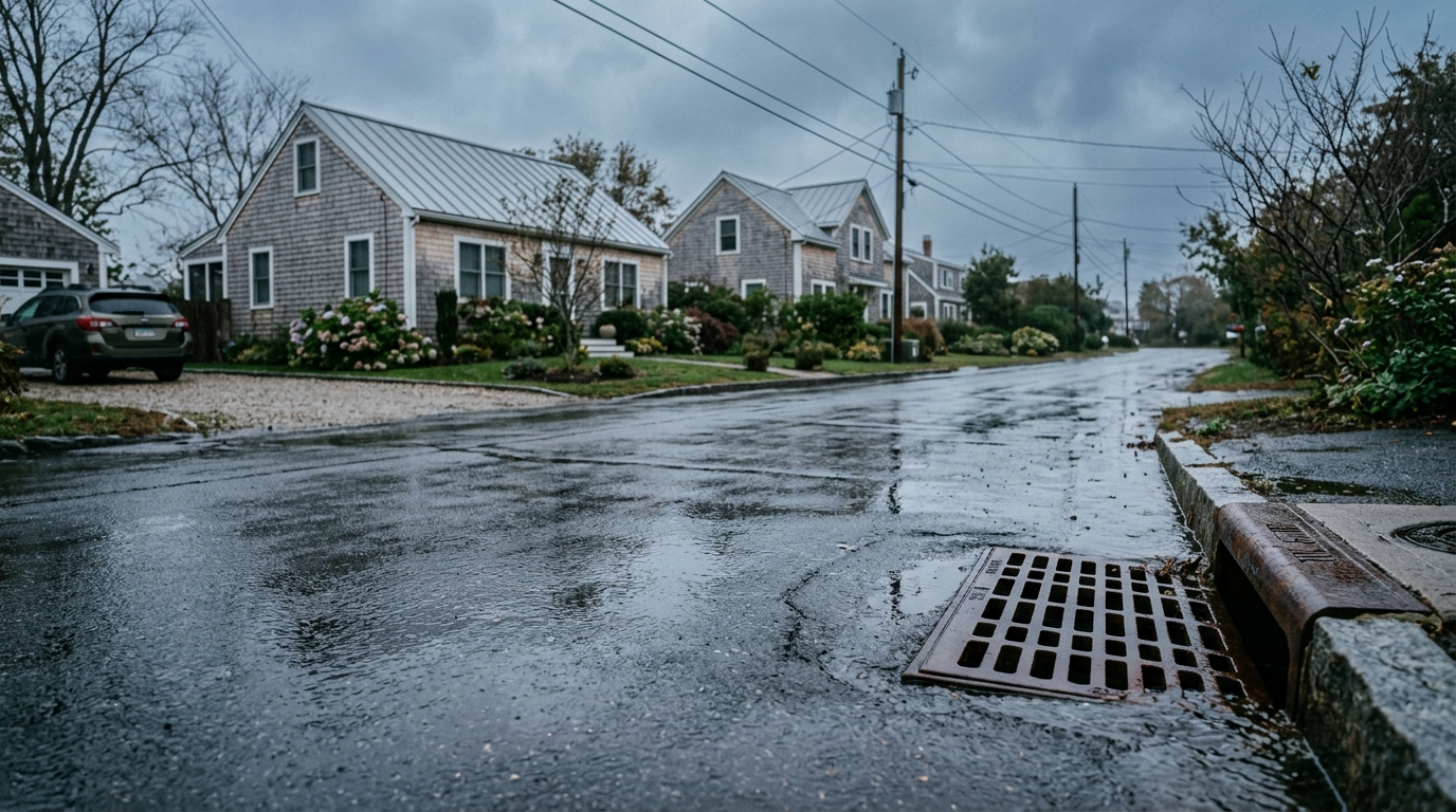 Wet residential street with standing water and storm drain on a coastal Connecticut block after rain