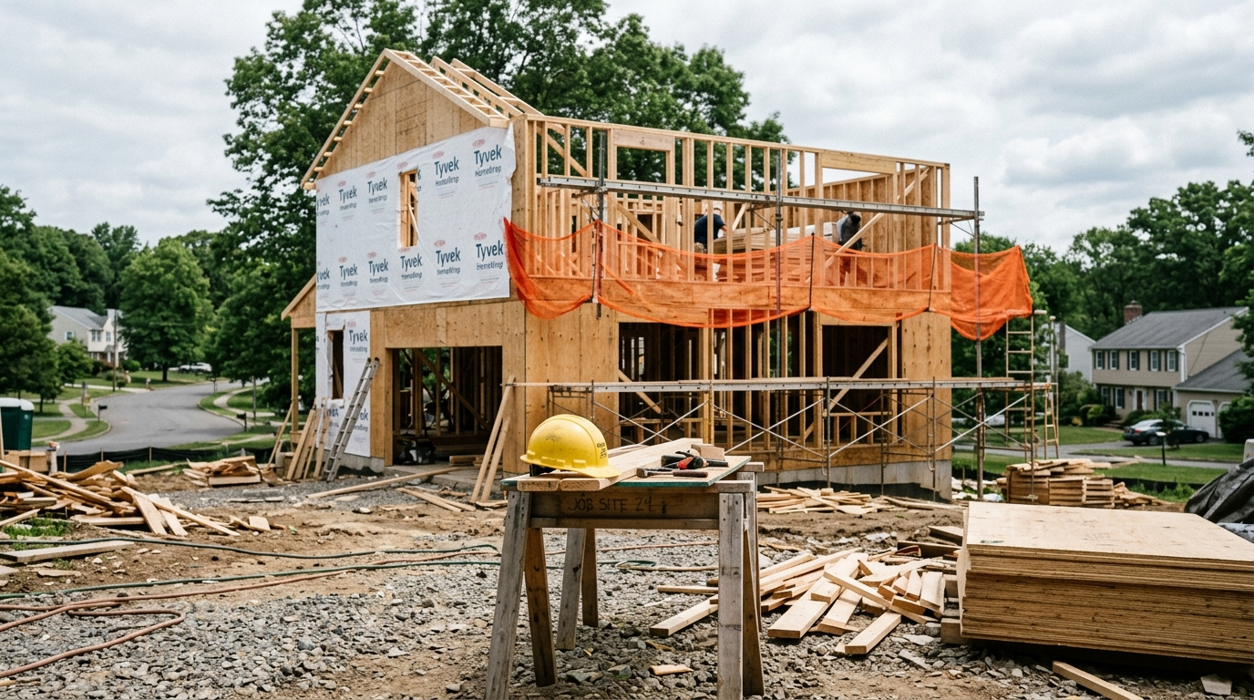Construction crew working on a wood-frame building frame on a cloudy Connecticut day, with scaffolding and building