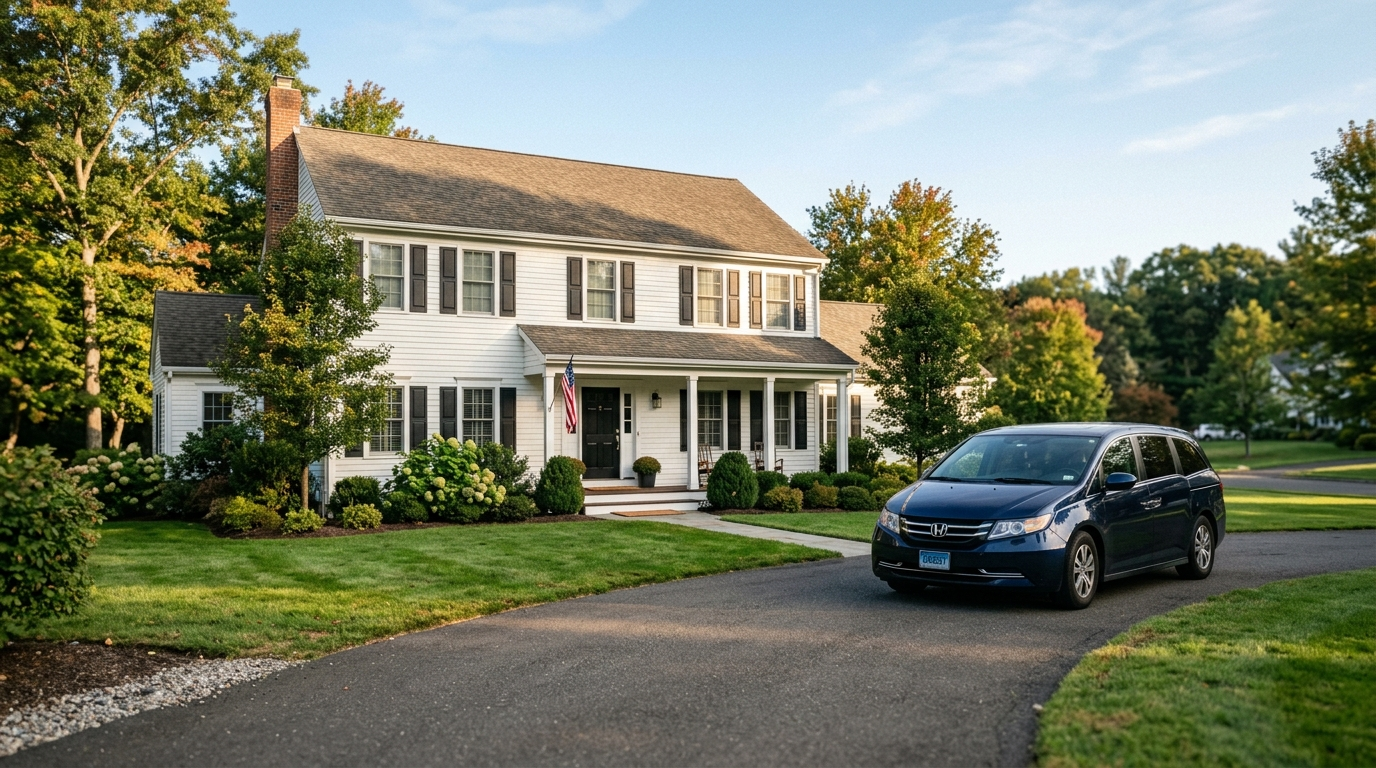 A two-story colonial home on a tree-lined street in Trumbull, Connecticut on a clear autumn day