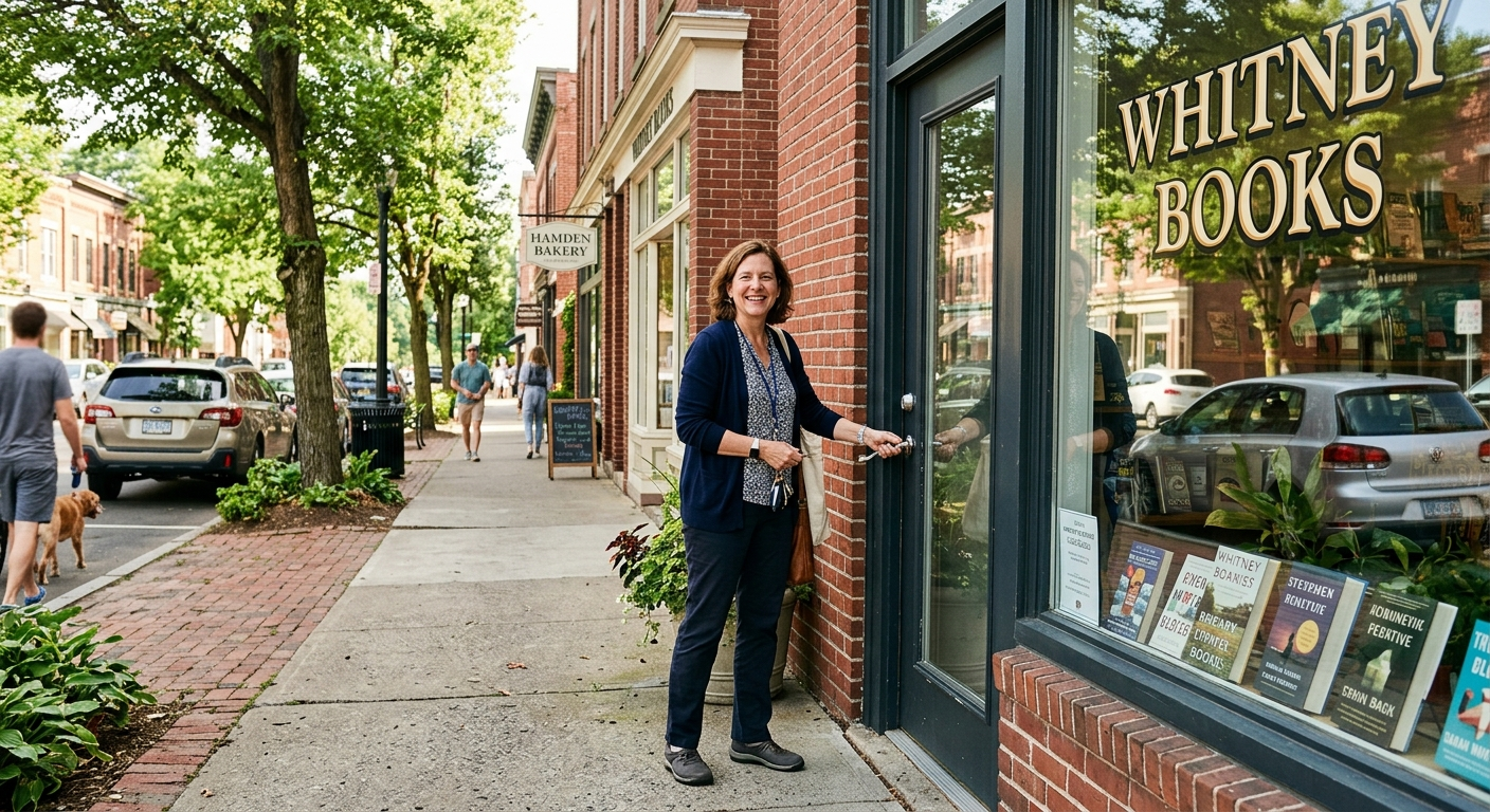 Small business storefront on a tree-lined commercial street in a Connecticut town on a partly cloudy day