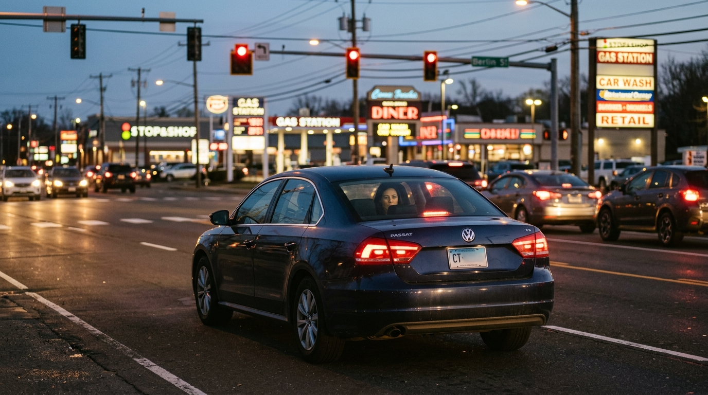 A car parked on a snow-dusted suburban street in Newington Connecticut on a grey winter morning