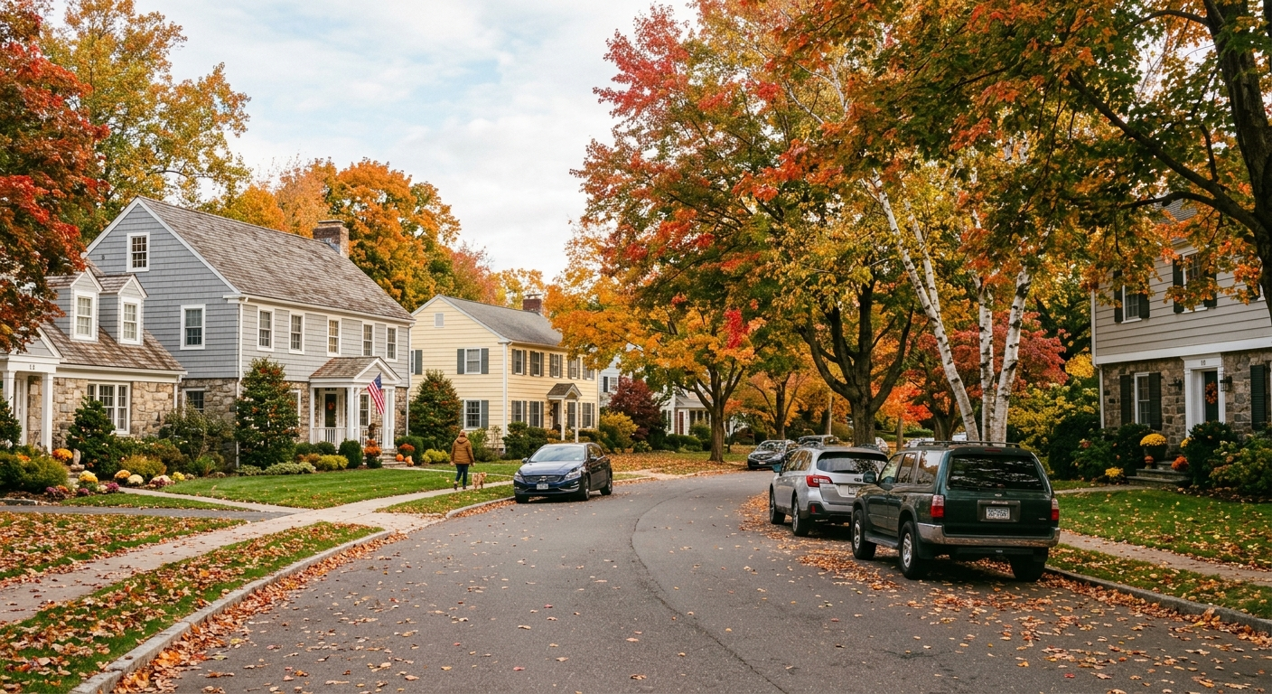 A car driving through a wooded Connecticut road in autumn near Wilton, CT with fallen leaves on the pavement