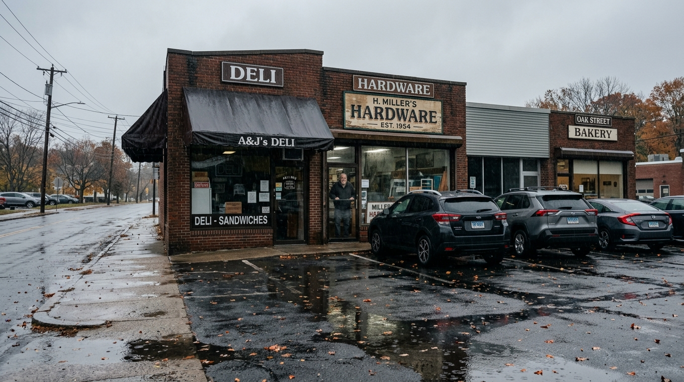 Flooded commercial street in a Connecticut town with water covering the entrance to a ground-floor business
