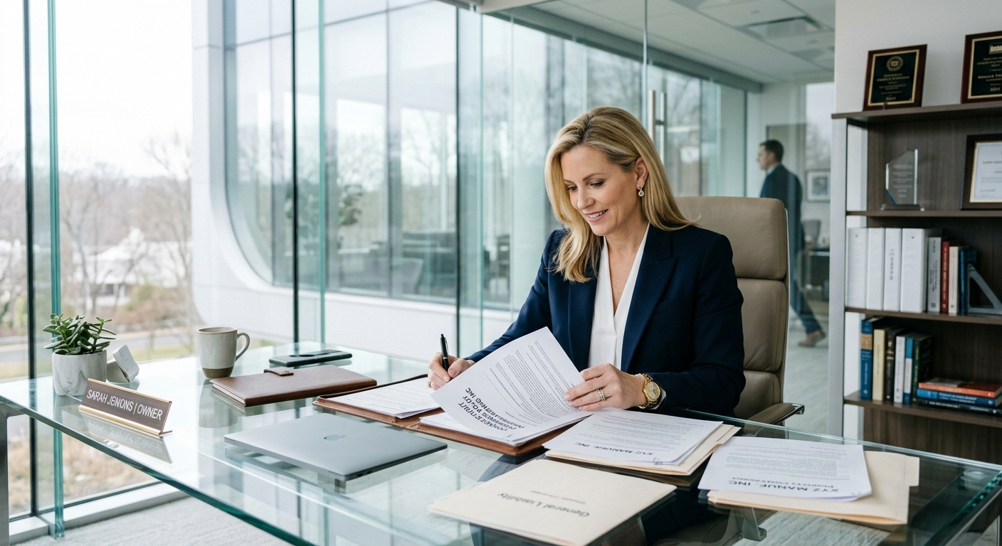 Connecticut business owner reviewing commercial insurance documents at a desk in a modern office
