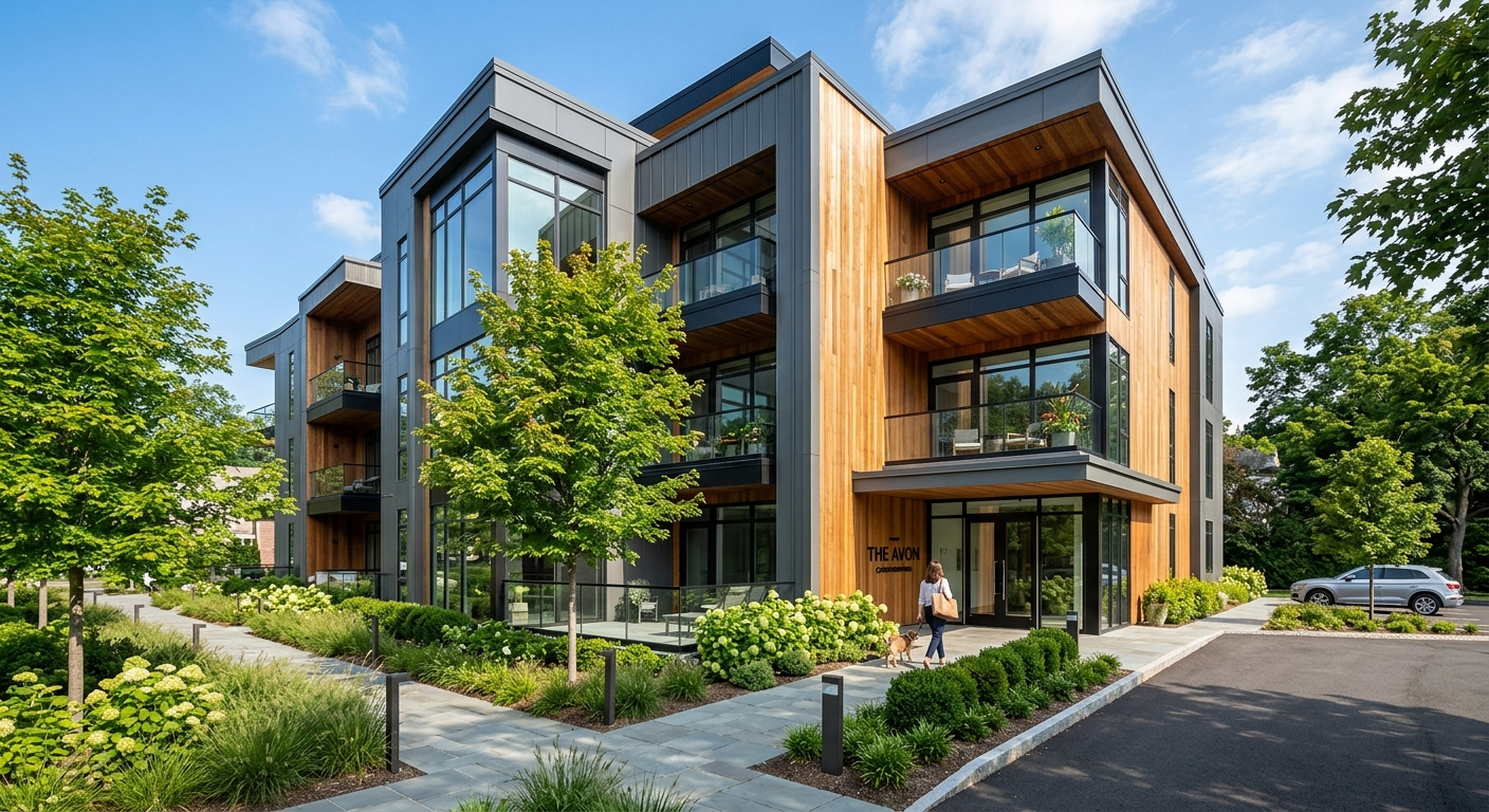 Modern Connecticut condo building exterior on a clear day with manicured landscaping and balconies visible