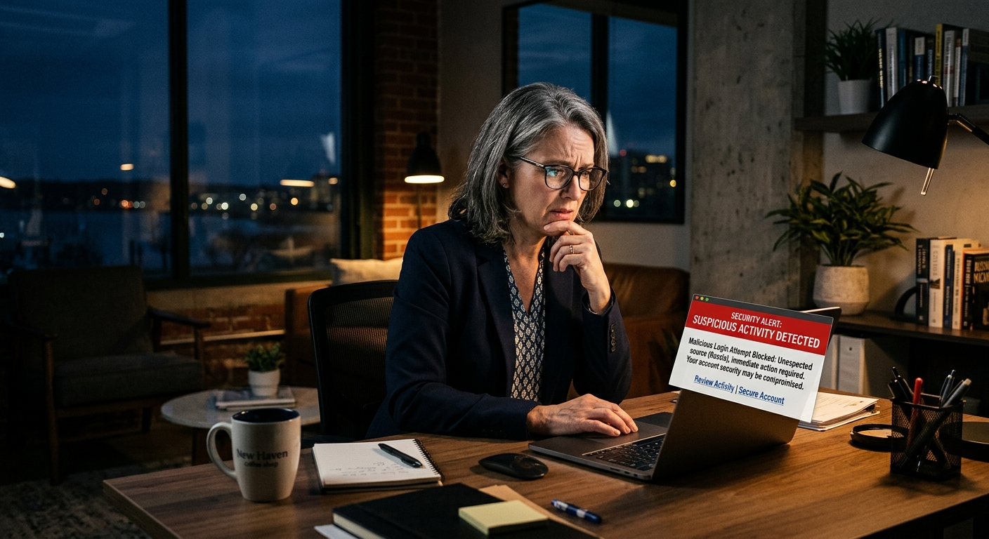 A Connecticut small business owner reviewing a laptop screen showing a cybersecurity alert in a modern office setting