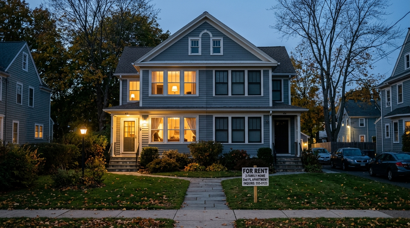 White two-story colonial rental home on a tree-lined Connecticut street on a cloudy autumn day