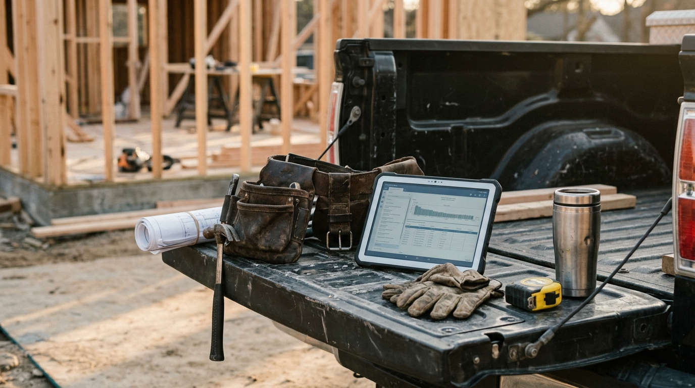 Contractor's tool belt, tablet with plans, and gloves on a pickup truck tailgate at a jobsite