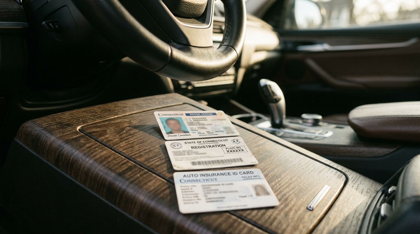 Insurance card and registration on the dashboard of a parked car with steering wheel visible