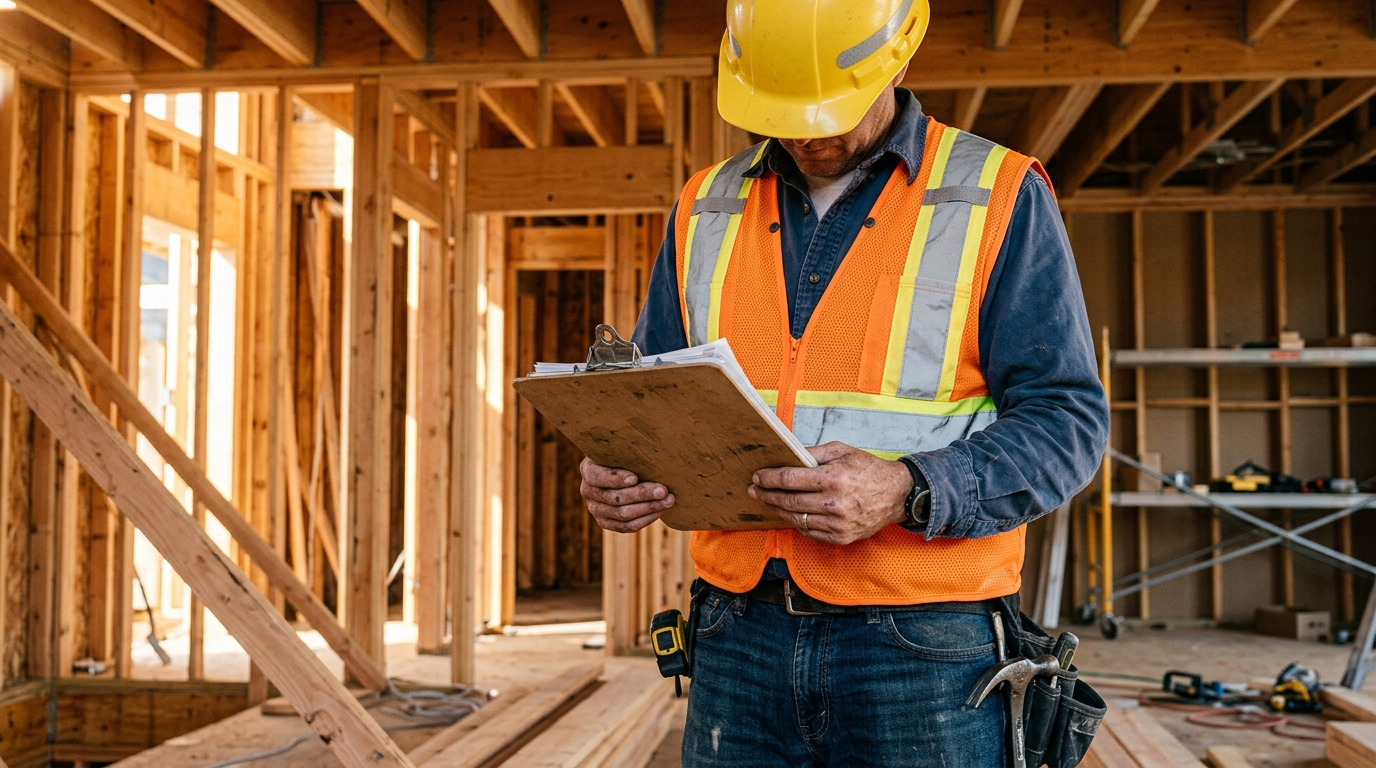 Contractor in hard hat reviewing a clipboard at a residential construction site in morning light