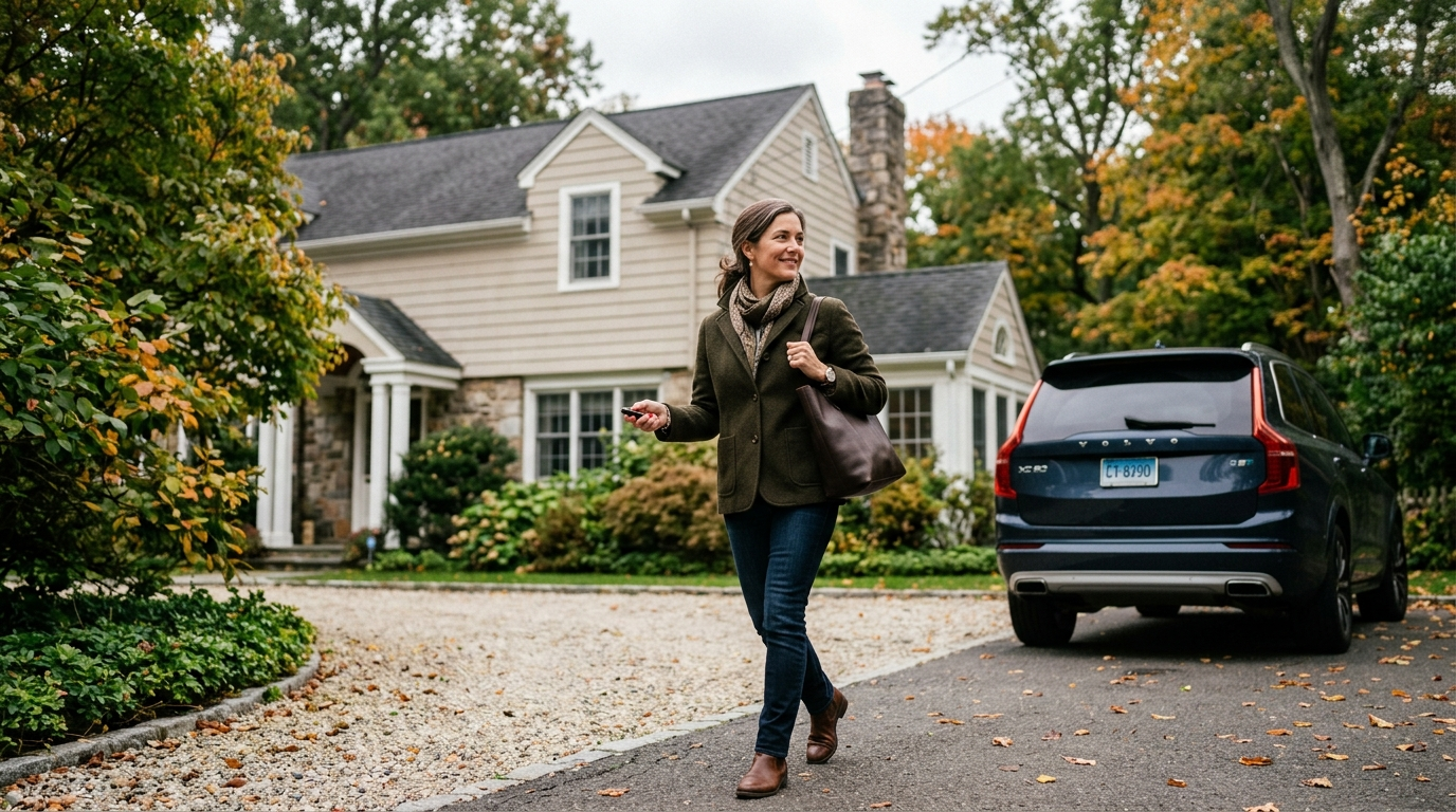 A two-story colonial home with a car parked in the driveway on a sunny day in a Fairfield, Connecticut neighborhood