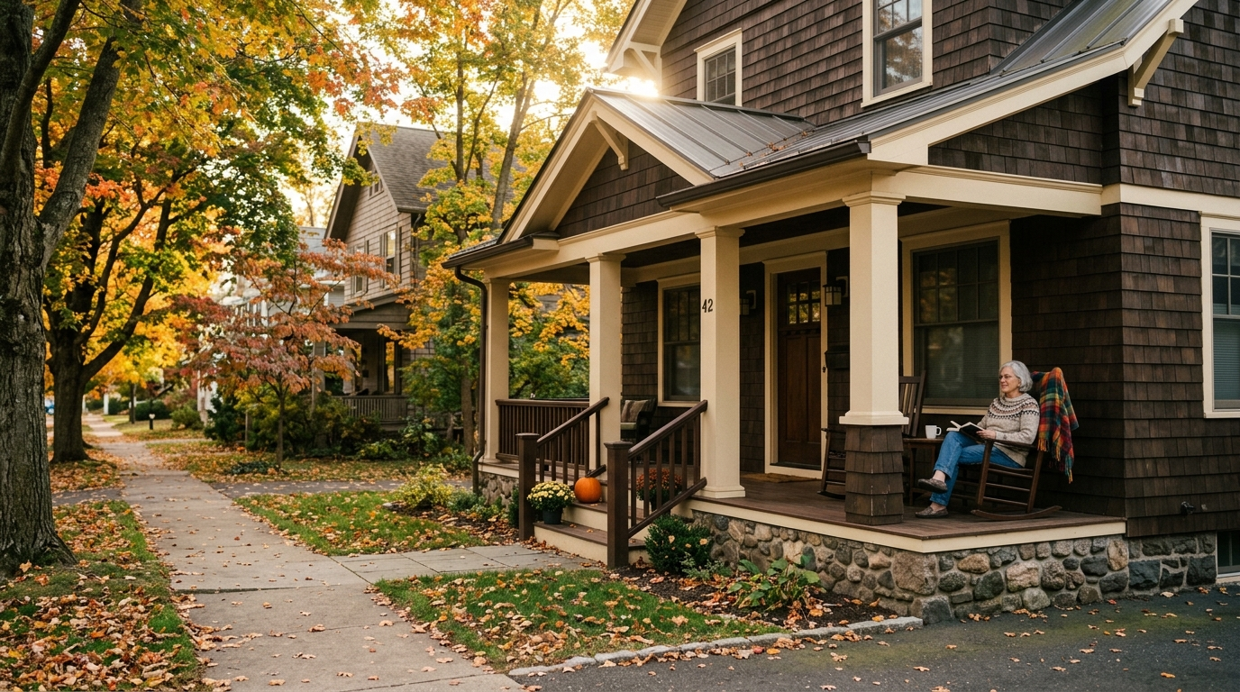 A two-story Colonial-style home on a tree-lined street in Hamden, Connecticut on a clear autumn day