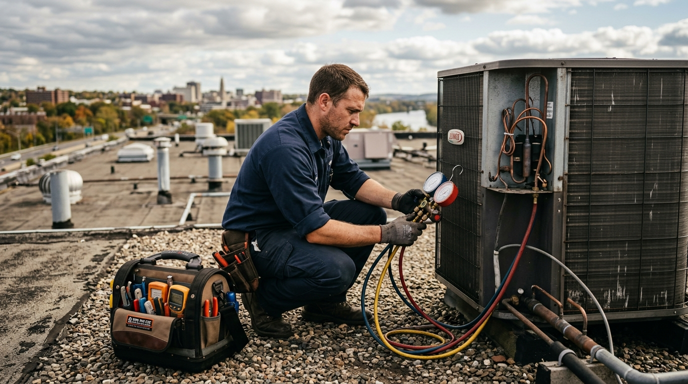 HVAC technician in safety gear inspecting a rooftop commercial air conditioning unit on a Connecticut building in winter