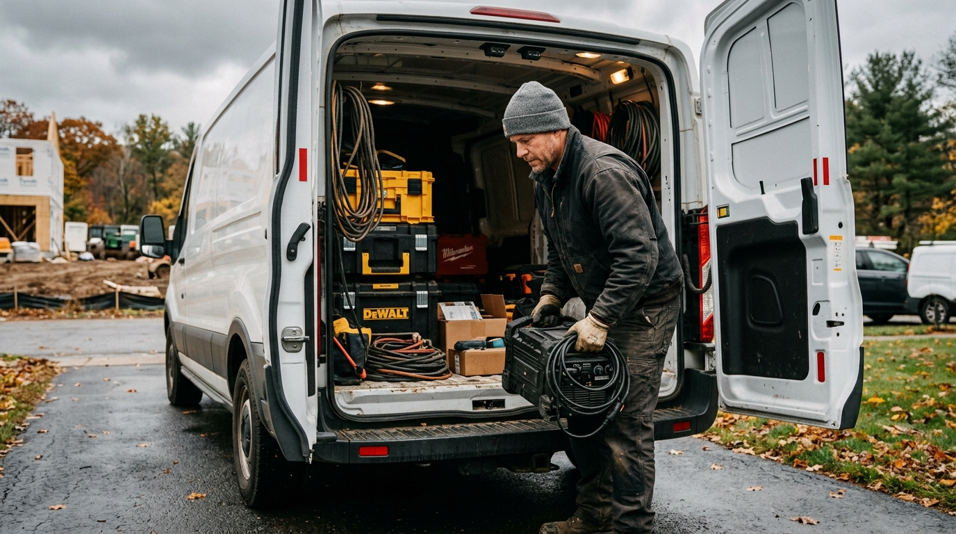Contractor loading tools and equipment into a work truck at a Connecticut job site on a cloudy morning