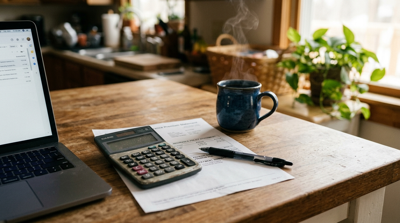 Calculator, pen, and insurance bill on a kitchen counter with coffee in morning light