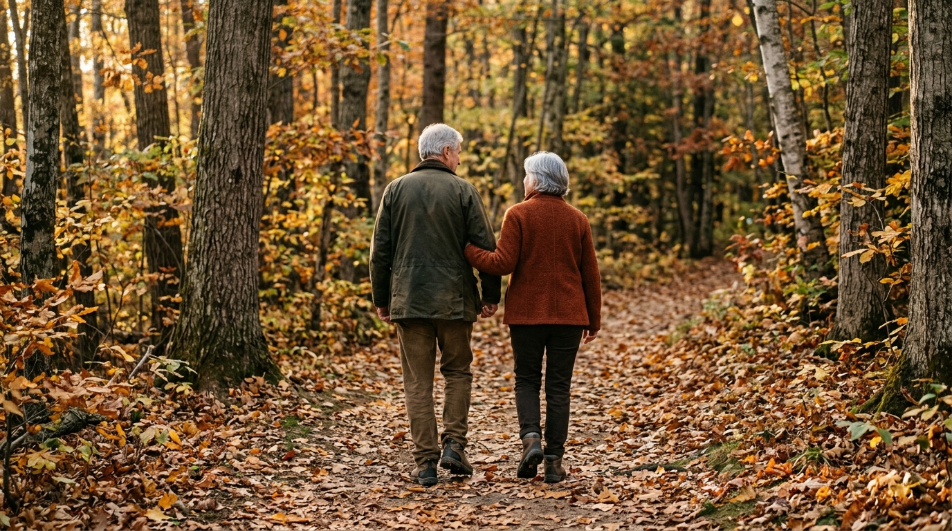 Older couple walking a wooded New England trail in autumn afternoon light, viewed from behind